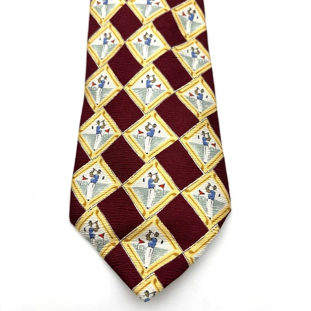 Vintage 90s Lands End Handmade in USA 100% Silk Yellow Red Man Golfing Tie 59